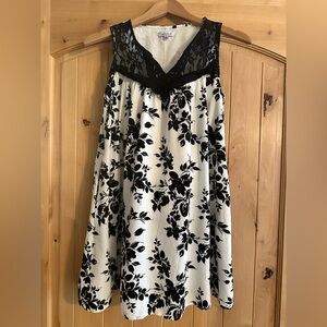 Black and Off White Floral Dress with Lace Detail